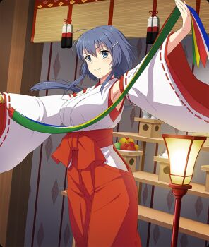 Rule 34 | 1girl, apple, arm up, armpits, blue eyes, blue hair, breasts, closed mouth, cowboy shot, detached sleeves, food, fruit, game cg, hair ornament, hairclip, hakama, holding, japanese clothes, kagami mochi, kosode, large breasts, long hair, looking at viewer, mole, mole under eye, nontraditional miko, object request, official art, outstretched arms, red hakama, setouchi chie, sidelocks, sleeveless, smile, solo, third-party source, toji no miko, toji no miko: kizamishi issen no tomoshibi, white sleeves