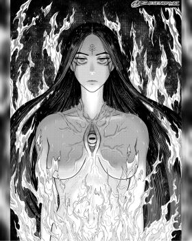 1girl breasts collarbone commentary convenient_censoring expressionless fire forehead_tattoo frown greyscale highres instagram_username long_hair medium_breasts monochrome navel nude original pillarboxed ringed_eyes seveninks solo tattoo third_eye third_eye_on_chest upper_body veins very_long_hair