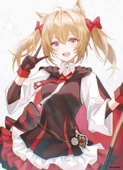 1girl animal_ear_fluff animal_ears arknights black_cloak black_gloves black_vest blonde_hair bow breasts cloak commentary_request gloves hair_bow highres layered_skirt looking_at_viewer necktie nianamo61 purple_eyes red_cloak red_necktie red_skirt shirt simple_background skirt smile solo sora_(arknights) twintails twitter_username two-tone_cloak v vest white_background white_shirt white_skirt