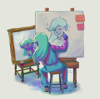 1boy artist_name blue_overalls brown_shoes colored_skin commentary earrings easel english_text green_hair grey_background highres holding holding_paintbrush jewelry long_hair long_sleeves male_focus omori on_stool overalls paintbrush painting_(action) painting_(object) picture_frame pink_sweater pointy_ears purple_skin rococo_(omori) rolover10 shoes simple_background sitting solo sticky_note sweater symbol-only_commentary