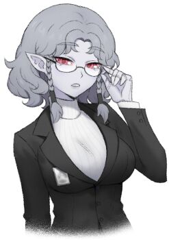 1girl agrat_bat_mahlat_(megami_tensei) alternate_costume bespectacled breasts buttons colored_sclera commentary demon_(megami_tensei) edmonmondo english_commentary glasses grey_hair large_breasts looking_at_viewer medium_hair office_lady parted_lips pointy_ears red_eyes red_pupils red_sclera shin_megami_tensei simple_background solo standing sweater turtleneck turtleneck_sweater upper_body white_background white_sweater