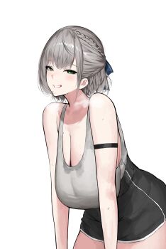 1girl alternate_costume arm_strap black_shorts braid breasts commentary cowboy_shot crown_braid dolphin_shorts green_eyes grey_hair grey_tank_top half_updo hanging_breasts highres hololive huge_breasts looking_at_viewer medium_hair miyou shirogane_noel shorts simple_background smile solo symbol-only_commentary tank_top virtual_youtuber white_background