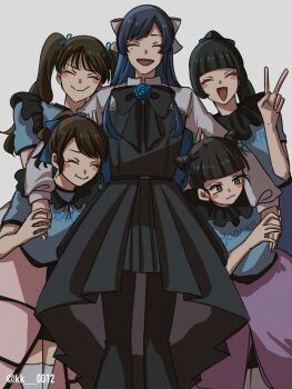5girls :3 ado_(utaite) black_bow black_bowtie black_eyes black_hair blue_dress blue_hair blue_shirt bow bowtie chando_(ado) closed_eyes commentary_request cone_hair_bun dress hair_bun highres keeko_(kk_0012) long_hair miu_(phantom_siita) moka_(phantom_siita) mole mole_under_eye mona_(phantom_siita) multiple_girls open_mouth phantom_siita ponytail rinka_(phantom_siita) shirt twintails utaite v