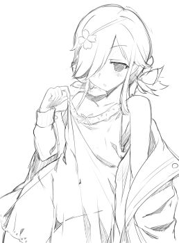 1girl :o blush commentary covered_navel eyepatch flat_chest flower_eyepatch greyscale hair_over_eyes hair_over_one_eye highres jacket kazakiri_(senran_kagura) lingerie monochrome negligee one_eye_covered open_clothes open_jacket pulling_own_clothes senran_kagura sketch solo underwear yaegashi_nan