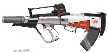 artist_name from_side gun highres magazine_(weapon) no_humans original peter_(peter6409) solo submachine_gun suppressor trigger weapon weapon_focus white_background