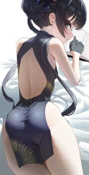 1girl absurdres backless_dress backless_outfit black_dress black_hair blue_archive breasts china_dress chinese_clothes dinsoreprong64 dragon_print dress grey_eyes hair_bun highres kisaki_(blue_archive) loli long_hair looking_at_viewer lying pelvic_curtain sleeveless sleeveless_dress small_breasts solo twintails