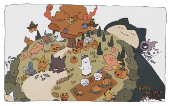 1girl 2020 animal border bush candy copyright_name fence food galarian_corsola galarian_form gastly gen_1_pokemon gen_3_pokemon gen_4_pokemon gen_5_pokemon gen_6_pokemon gen_7_pokemon gen_8_pokemon gengar ghost ghost_costume gloria_(pokemon) grass happy_halloween litwick lying mimikyu mudkip nintendo on_stomach oversized_animal path pokemon pumpkaboo pumpkin road rotom shinnotonari simple_flower snorlax torchic tree very_wide_shot wrapped_candy