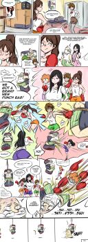 Rule 34 | 1boy, 4girls, absurdres, ball busting, bound, boxing, comic, crotch kick, gloves, highres, kicking, locker, locker room, multiple girls, ocigart, pervert, punching, punching bag, rope, squeezing testicles, testicles