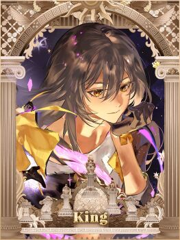 Rule 34 | 1girl, arch, architecture, bishop (chess), black boots, black gloves, black jacket, boots, brown hair, building, chess piece, chinese commentary, closed mouth, column, commentary request, constellation, english text, gloves, hair between eyes, half-closed eyes, hand on own chin, hand on own face, hand up, high heel boots, high heels, highres, holding, holding quill, honkai: star rail, honkai (series), jacket, king (chess), knight (chess), long hair, long sleeves, looking to the side, meandros, miemiebei, open clothes, open jacket, pillar, queen (chess), quill, rook (chess), shirt, sidelocks, smile, solo, space, star (sky), starry sky background, stelle (honkai: star rail), t-shirt, trailblazer (honkai: star rail), upper body, white shirt, yellow eyes