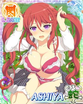 1girl :o alternate_hairstyle ashiya_(senran_kagura) blush border bra breasts card_(medium) character_name cleavage dress game_cg hair_between_eyes holding holding_own_hair large_breasts long_hair navel official_art on_grass one_side_up panties pink_bra pink_panties purple_eyes red_hair seiza senran_kagura senran_kagura_new_wave shirt sitting skindentation solo third-party_source torn_clothes torn_dress torn_shirt twintails underwear very_long_hair wavy_hair