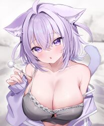 Rule 34 | 1girl, :o, ahoge, animal ear fluff, animal ears, armpit crease, blush, breasts, camisole, cat cutout, cat ears, cat girl, cat tail, chocola vt, cleavage, clothing cutout, collarbone, commentary, dot nose, english commentary, fingernails, grey camisole, hair between eyes, hand up, head tilt, highres, holding, hololive, jacket, large breasts, long fingernails, long sleeves, looking at viewer, medium hair, mimikaki, nail polish, nekomata okayu, nekomata okayu (membership), official alternate costume, open clothes, open jacket, parted lips, purple eyes, purple hair, purple jacket, purple nails, sleeves past wrists, solo, sparkling eyes, strap slip, tail, two side up, upper body, virtual youtuber