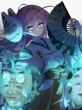 Rule 34 | 1girl, alternate costume, blue flower, breasts, bridal gauntlets, closed mouth, commentary request, flower, folding fan, fox mask, gradient background, hair between eyes, hand fan, hata no kokoro, highres, holding, holding fan, japanese clothes, kimono, ko-omote mask, long hair, looking at viewer, mask, medium breasts, noh mask, okina mask, pink eyes, pink hair, shirataki oden2, solo, touhou, white kimono