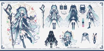 absurdres aqua_eyes aqua_hair bass_clef black_boots black_dress black_necktie black_sailor_collar book boots border brooch bug butterfly chinese_commentary closed_eyes color_guide commentary_request dress eighth_note from_behind from_side grimoire hatsune_miku highres holding holding_book holding_staff horns insect jewelry knee_boots lace-up_boots layered_dress long_hair mage_staff magic_circle multiple_views music musical_note musical_staff neckerchief necktie open_book open_mouth reference_sheet sailor_collar second-party_source singing staff summoner_miku_(z6) treble_clef twintails very_long_hair vocaloid white_neckerchief z6