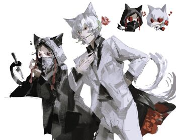 1boy 1girl anger_vein animal_ears arm_support averting_eyes black_cloak black_hair black_hood bouquet cat_boy cat_ears cat_girl cat_tail chibi chibi_inset cloak closed_mouth commentary_request fate/strange_fake fate_(series) flower flower_in_mouth forehead formal_clothes heart highres holding holding_bouquet holding_with_tail hood hood_up hooded_cloak jester_karture knife long_sleeves no_name_assassin_(fate) notice_lines parted_bangs prehensile_tail provercrinolin red_eyes red_flower red_rose rose short_hair simple_background slit_pupils suit tail tail_wagging white_background white_hair white_suit