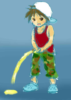 1boy backwards_hat baseball_cap black_eyes blue_background blue_shoes blush brown_hair camouflage camouflage_pants collarbone crocs fang gradient_background green_pants hat highres looking_down male_focus open_mouth original pants peeing pekeponnu penis penis_grab puddle red_shirt shirt shoes short_hair shota small_penis smile solo spiked_hair standing tank_top white_hat