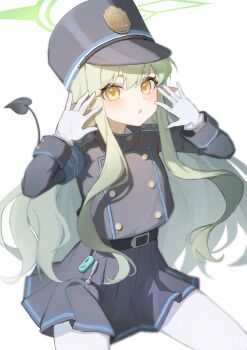 Rule 34 | 1girl, absurdres, armband, black tail, blue archive, blue armband, buttons, commentary request, demon tail, double-breasted, green eyes, green hair, green halo, halo, hat, highres, hikari (blue archive), long hair, looking at viewer, open hands, pantyhose, peaked cap, pointy ears, solo, tail, train conductor, white background, white pantyhose, zi zz