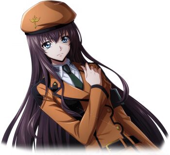 1girl arm_at_side armband artist_request belt beret blue_eyes brown_hair buttons closed_mouth code_geass code_geass:_lost_stories collared_shirt cropped_torso dutch_angle female_focus game_cg green_necktie hair_between_eyes hand_on_own_chest hand_up hat jacket long_hair long_sleeves maya_disel necktie non-web_source official_art orange_hat orange_jacket serious shirt sidelocks simple_background solo standing transparent_background upper_body v-shaped_eyebrows white_shirt