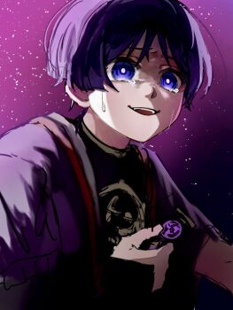 Rule 34 | 1boy, amhr 46, armor, black kimono, blunt ends, bright pupils, choppy bangs, commentary request, crying, crying with eyes open, eyeliner, genshin impact, gnosis (genshin impact), gold, hand up, holding, japanese armor, japanese clothes, jewelry, juban, kimono, kote, kurokote, looking past viewer, makeup, male focus, mitsudomoe (shape), neck ring, open mouth, portrait, purple background, purple eyes, purple hair, purple sleeves, red eyeliner, red kimono, scaramouche (genshin impact), short sleeves, sidelighting, sketch, solo, tears, teeth, tomoe (symbol), upper teeth only, white kimono, white pupils