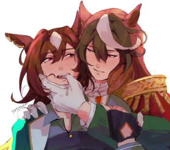 Rule 34 | 2girls, animal ears, aqua jacket, ascot, black gloves, black vest, blazer, blush, brown eyes, brown hair, cape, clothing cutout, collared jacket, collared shirt, contrast lapels, diamond cutout, ear ornament, epaulettes, eyelashes, finger in another's mouth, fingerless gloves, gloves, gold buttons, grabbing another's chin, green jacket, green skirt, hair between eyes, hand on another's chin, hand on another's shoulder, heads together, highres, holding another's arm, horse ears, horse girl, jacket, lapels, layered sleeves, light blush, long hair, long sleeves, looking at another, military uniform, multicolored hair, multiple girls, open clothes, open jacket, open mouth, parted lips, peaked lapels, red cape, shirt, side cape, simple background, single epaulette, singlet, sirius symboli (feroce) (umamusume), sirius symboli (umamusume), skirt, streaked hair, symboli rudolf (emperor's path) (umamusume), symboli rudolf (umamusume), tapeanna, teeth, umamusume, upper body, vest, white ascot, white background, white gloves, white shirt, yuri