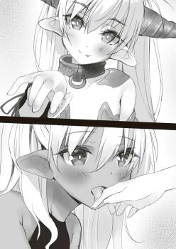 2girls age_difference bare_shoulders biscuit_(bread) blush closed_mouth collar demon_girl demon_horns dot_nose edelgard_(isekai_maou) fang fang_out female_focus flat_chest high_heels highres horns isekai_maou_to_shoukan_shoujo_no_dorei_majutsu krebskulm licking_finger loli long_hair looking_at_viewer monochrome multiple_girls no_bra novel_illustration official_art pointy_ears sexually_suggestive size_difference slave smile tsurusaki_takahiro