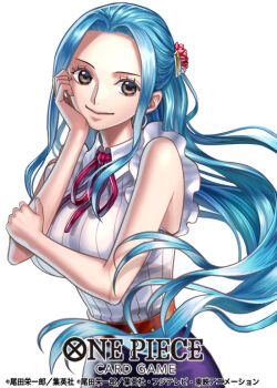 1girl blue_hair brown_eyes collared_shirt commentary_request copyright_name cowboy_shot earrings eyelashes floating_hair half_updo haru_(toyst) head_rest jewelry long_hair neck_ribbon nefertari_vivi official_art one_piece one_piece_card_game ribbon shirt sidelocks simple_background smile solo striped_clothes striped_shirt vertical-striped_clothes vertical-striped_shirt white_background white_shirt
