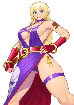 Rule 34 | 1girl, arm tattoo, b. jenet, blonde hair, breasts, clenched hand, closed mouth, dress, fatal fury, fatal fury: city of the wolves, fingerless gloves, gloves, hand on own hip, highres, large breasts, legs, long hair, looking at viewer, open mouth, panties, side-tie panties, sideboob, smile, snk, solo, tattoo, teeth, the king of fighters, thick thighs, thighs, tongue, underwear, upskirt
