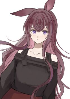 1girl alternate_costume animal_ears arknights bare_shoulders black_shirt brown_hair closed_mouth collarbone expressionless highres long_hair long_sleeves looking_at_viewer multicolored_hair off_shoulder purple_eyes purple_streaks ray_(arknights) shirt simple_background single_ear_down solo streaked_hair udo_(akn_otk) upper_body white_background