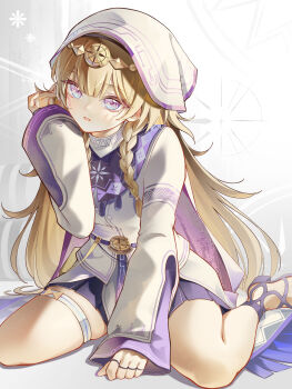 Rule 34 | 1girl, absurdres, blonde hair, blue eyes, braid, chigusa7h, commentary, dress, hand up, headdress, headgear, highres, long hair, looking at viewer, multicolored eyes, parted lips, purple eyes, purple skirt, sitting, skirt, solo, two-tone eyes, wariza, white dress, wuthering waves, zahira (wuthering waves)