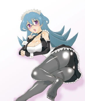 Rule 34 | 1girl, atago masae, blush, breasts, cleavage, cosplay, dream c club (series), elbow gloves, fingerless gloves, glasses, gloves, kurumaou, lying, maid headdress, mature female, on side, open mouth, pantyhose, purple eyes, saki, saki (manga), saki achiga-hen, tagme, waiter