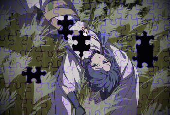 1boy armor arms_up blunt_ends bow brown_sash clothing_cutout commentary curled_fingers eyelashes eyeliner fingernails genshin_impact grass grey_bow grey_hair grey_kimono grey_sash grey_sleeves highres japanese_armor japanese_clothes kimono kote kurokote large_bow layered_sleeves long_sleeves looking_at_viewer lying makeup male_focus mandarin_collar on_back on_grass outdoors parted_lips purple_eyes puzzle red_eyeliner scaramouche_(genshin_impact) scaramouche_(kabukimono)_(genshin_impact) side_cutout solo symbol-only_commentary tasuki tsurime w02_14 white_mouth