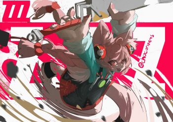 1girl ahoge animal_ear_fluff animal_ears animal_feet anklet arms_up braid braided_twintails bright_pupils chocorivarts commentary copyright_name furry furry_female green_shirt highres holding holding_sword holding_weapon jewelry long_hair motion_blur open_mouth pink_fur pink_hair rabbit_ears rabbit_girl rabbit_tail red_eyes running screw shirt solo sword tail twitter_username weapon white_background white_pupils zenless_zone_zero zhao_(zenless_zone_zero)