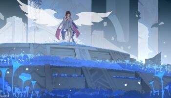 1girl absurdres artist_name bare_shoulders black_hair blue_flower closed_eyes closed_mouth columbina_(genshin_impact) commentary crescent dress flower gar32 genshin_impact highres long_hair multicolored_hair off-shoulder_dress off_shoulder own_hands_together purple_hair solo standing transparent_wings two-tone_hair very_long_hair white_dress white_wings wings