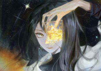 1girl absurdres arm_up black_hair black_shirt chief_(path_to_nowhere) chinese_commentary commentary_request cup drinking_glass earrings female_chief_(path_to_nowhere) hair_between_eyes highres holding holding_cup jewelry lipstick long_hair long_hair_between_eyes long_sleeves looking_through_cup luori_dianxin makeup night official_alternate_costume parted_lips path_to_nowhere portrait red_lips shirt sky solo star_(sky) starry_sky surprised undershirt yellow_eyes