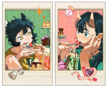 2girls :q animal_ears atie1225 black_hair blue_eyes blush border cake_stand cat_ears cat_girl cherry cup cupcake drink drinking_straw dungeon_meshi feeding food fruit gem hand_on_own_face highres holding holding_spoon horns inutade izutsumi jar licking_lips long_hair mole mole_under_eye multiple_girls oni open_mouth pudding shirt short_hair skin-covered_horns split_screen spoon tongue tongue_out upper_body whipped_cream white_border yellow_eyes