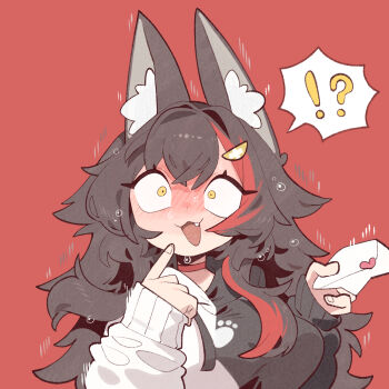 ! !? 1girl :3 animal_ear_fluff animal_ears black_hair black_hoodie blush choker cocomayo29_(tomato) commentary fang fluffy_hair hair_ornament heart highres holding holding_letter hololive hood hoodie korean_commentary letter long_hair long_sleeves love_letter multicolored_hair nervous_sweating official_alternate_costume ookami_mio ookami_mio_(hoodie) open_mouth paw_print pointing pointing_at_self puffy_sleeves red_background red_choker red_hair simple_background speech_bubble sweat sweatdrop two-tone_hoodie virtual_youtuber white_hoodie wolf_ears wolf_girl yellow_eyes