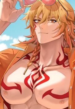 1boy abs arm_tattoo blonde_hair blue_sky braid chest_tattoo collared_shirt commentary_request eyewear_on_head facial_tattoo gradient_hair haecho_01 honkai:_star_rail honkai_(series) korean_commentary large_pectorals looking_at_viewer male_focus medium_hair multicolored_hair mydei_(honkai:_star_rail) open_clothes open_shirt orange_shirt pectorals red_hair red_tattoo shirt side_braid sky solo tattoo toned toned_male yellow_eyes