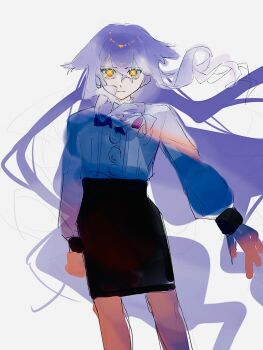 1girl black_skirt bow bowtie commentary duoyun_de_tiankong english_commentary hair_between_eyes high-waist_skirt highres honkai_(series) honkai_impact_3rd long_hair long_sleeves looking_at_viewer pencil_skirt puffy_long_sleeves puffy_sleeves purple_bow purple_bowtie purple_hair shirt sirin sirin_(magic_academy_uniform) sketch skirt solo very_long_hair white_shirt yellow_eyes