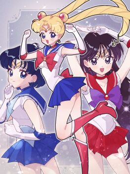 armpits back_bow bishoujo_senshi_sailor_moon black_hair blonde_hair blue_bow blue_bowtie blue_choker blue_eyes blue_gemstone blue_hair blue_sailor_collar blue_skirt bow bowtie brooch choker circlet earrings elbow_gloves gem gloves highres hino_rei holding holding_ofuda jewelry long_hair magical_girl mizuno_ami ofuda parted_bangs purple_bow purple_bowtie red_bow red_bowtie red_choker red_gemstone red_sailor_collar sailor_collar sailor_mars sailor_mercury sailor_moon sailor_senshi_uniform short_hair skirt smile star_(symbol) star_earrings stud_earrings swept_bangs tsukino_usagi very_long_hair white_gloves yyemoyy