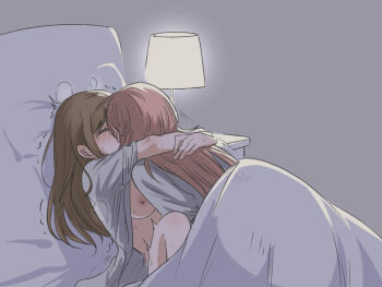 2girls bang_dream! bang_dream!_it's_mygo!!!!! breasts brown_hair chihaya_anon commentary_request fanjing hug kiss large_breasts long_hair multiple_girls nagasaki_soyo nipples open_clothes open_shirt pink_hair shirt sidelocks under_covers white_shirt yuri