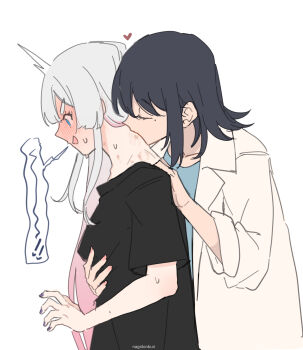 Rule 34 | 2girls, bite mark, bite mark on shoulder, black shirt, blue eyes, blue shirt, blush, cho kaguya-hime!, closed eyes, colored inner hair, commentary, from side, grabbing another's breast, grabbing from behind, groping, hand on another's shoulder, hickey, highres, hinagi (fox priest), lab coat, long hair, mole, mole under eye, multicolored hair, multiple girls, open mouth, pink hair, purple hair, purple nails, runami yachiyo, sakayori iroha, shirt, simple background, thick eyebrows, white background, yuri