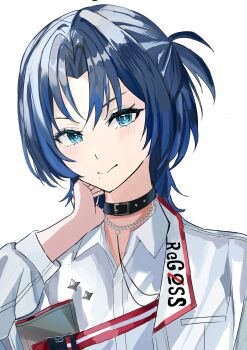 Rule 34 | 1girl, absurdres, black choker, blue eyeliner, blue hair, blush, choker, closed mouth, eyeliner, flowle ow0, highres, hiodoshi ao, hiodoshi ao (regloss uniform), hololive, hololive dev is, jacket, looking at viewer, makeup, official alternate costume, shirt, short hair, smile, solo, virtual youtuber, white jacket, white shirt