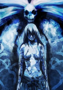 1girl black_hair blue_skin breasts closed_mouth colored_skin fatal_frame fatal_frame_iii:_the_tormented gauss_&lt;bokashi ghost hair_over_one_eye long_hair looking_at_viewer medium_breasts snake solo tattoo topless_female yukishiro_reika