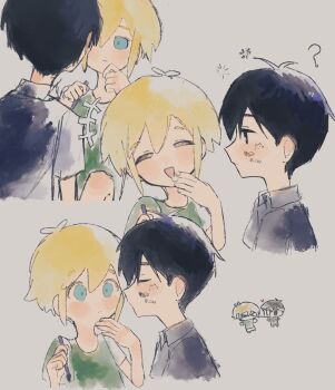 +++ 2boys ? antenna_hair basil_(faraway)_(omori) basil_(omori) black_eyes black_hair black_shirt blonde_hair blue_eyes blush bright_pupils closed_eyes closed_mouth collared_shirt double-parted_bangs green_shirt grey_background hair_between_eyes highres looking_at_another male_focus multiple_boys omori shirt short_hair short_sleeves sidelocks simple_background sunny_(omori) t-shirt translation_request ttyyuwwuw white_pupils yaoi
