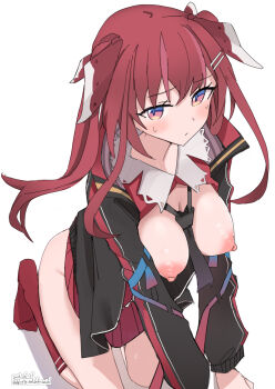 1girl amagase_muyu amagase_muyu_(1st_costume) between_breasts black_jacket black_necktie breasts breasts_out clothes_between_breasts commentary_request hair_ornament hairclip highres hlsn_dglaq3g jacket kneeling large_breasts long_hair long_sleeves looking_at_viewer necktie necktie_between_breasts nijisanji nipples open_clothes open_jacket purple_eyes red_hair red_skirt red_socks ribbon shirt simple_background skirt socks twintails virtual_youtuber white_background