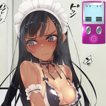 1girl arm_garter bare_shoulders bikini black_bikini black_eyes black_hair blush breasts cleavage closed_mouth collarbone controller covered_erect_nipples embarrassed frilled_bikini frills frown hair_ornament hairclip hime_cut long_hair looking_away maid maid_bikini maid_headdress medium_breasts murakami_suigun neck_ribbon one-piece_tan original remote_control ribbon shiny_skin side-tie_bikini_bottom solo standing sweat swept_bangs swimsuit tan tanline unconventional_maid underwear
