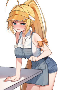 1girl absurdres ahoge alternate_costume apron arm_bow bare_shoulders black_survival blonde_hair blue_eyes blue_shorts blush breasts collared_shirt cowboy_shot denim denim_shorts eternal_return:_black_survival grey_apron high_ponytail highres korean_commentary leaning_forward long_hair looking_at_viewer medium_breasts mixed-language_commentary nicky_blake open_mouth ponytail shirt short_shorts shorts simple_background sleeveless sleeveless_shirt solo table very_long_hair visor_cap white_background white_shirt ziro_(zirorong)