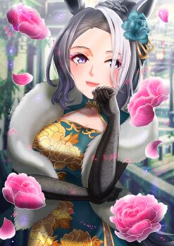 Rule 34 | 1girl, animal ears, black gloves, black hair, blue dress, blush, braid, breasts, bun with braided base, china dress, chinese clothes, cleavage, cleavage cutout, closed mouth, clothing cutout, commentary request, dated commentary, dress, ear flower, flower, fur shawl, gloves, hair bun, highres, horse ears, horse girl, large breasts, long hair, looking at viewer, mejiro ramonu (umamusume), mole, mole under eye, multicolored hair, otono (bkt4b), print dress, purple eyes, shawl, smile, solo, streaked hair, umamusume, white gloves, white hair, white shawl