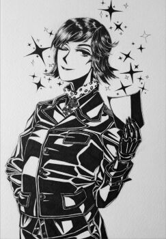 1girl bob_cut bordfunker133 breasts commentary_request cougar_pattern cougar_pattern_foulard foulard genderswap genderswap_(mtf) greyscale hans-joachim_marseille highres holding holding_paper lipstick looking_at_viewer makeup marseille-chan_(bordfunker133) medium_hair military monochrome one_eye_closed original paper photo_(medium) real_life shoulder_boards simple_background small_breasts smile soldier solo sparkle white_background world_war_ii