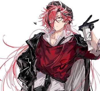 Rule 34 | 1boy, alternate costume, bespectacled, black gloves, black hair, black hat, black jacket, black necktie, collared shirt, commentary request, cup, disposable cup, earrings, fate/grand order, fate (series), glasses, gloves, hair over one eye, hand in pocket, hand up, hat, heart, holding, holding cup, jacket, jacket on shoulders, jewelry, long hair, long sleeves, looking at viewer, male focus, multicolored hair, necktie, one eye covered, open clothes, open jacket, parted lips, red eyes, red hair, red sweater, shirt, simple background, sketch, solo, streaked hair, sweater, takasugi shinsaku (fate), tyoookozuki, upper body, v, very long hair, white background, white hair, white shirt