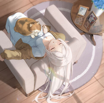 Rule 34 | 1girl, alternate costume, animal, animal on lap, barefoot, blue flower, blue nightgown, blush, breasts, brown jacket, carpet, cat, cat on lap, cleavage, closed eyes, collarbone, couch, eisen (sousou no frieren), facing up, feet, fern (sousou no frieren), flower, forehead, frieren, from above, hair spread out, hashtag-only commentary, heiter, highres, himmel (sousou no frieren), indoors, jacket, leaning back, long hair, long sleeves, medium breasts, nea (nea 77), nightgown, on couch, on lap, parted lips, photo (object), picture frame, pointy ears, reflection, sidelocks, sitting, sleeping, solo, sousou no frieren, stark (sousou no frieren), table, thick eyebrows, very long hair